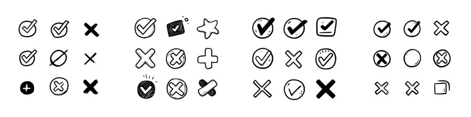 Obraz premium Set of hand drawn check mark and cross icons in various doodle styles