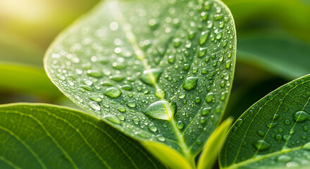 Rain-kissed Leaf: A close-up view showcases a verdant leaf glistening with refreshing droplets, a testament to nature's purity and vitality.