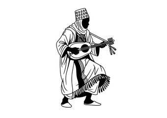 Traditional Moroccan Gnawa Musician Playing the Guembri Vector Illustration