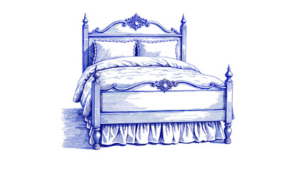 Vintage sketch of a bed with blue ink and detailed design  