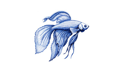 Vintage sketch of Betta fish drawn with blue ink  