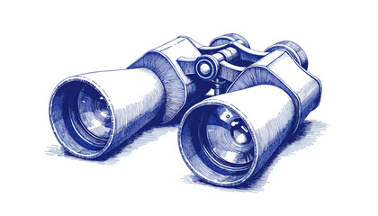 Vintage sketch of binoculars in blue ink  