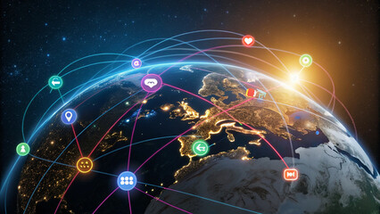 Earth globe with social media icons connected by lines showing global network communication concept