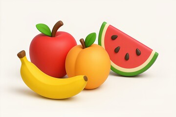 Colorful 3D Rendered Fruit Arrangement with Apples, Bananas, Watermelon, and Peaches