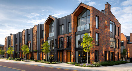 Fototapeta premium Row of newly built modern terraced houses with red brick and render facades under a clear blue sky in daytime