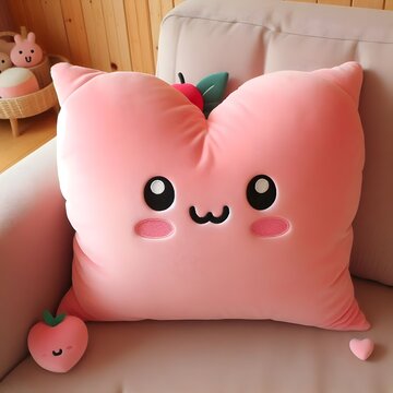 Small Square Pink Pillow with Cute Character, Minimal Decorative Cushion for Home Decor