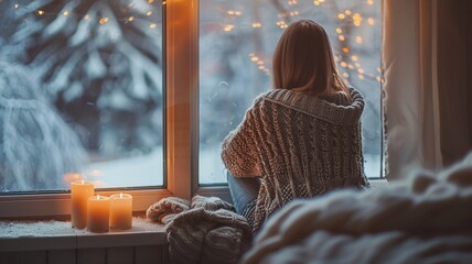 Cozy scene of a lonely woman divorce in a knit sweater sitting by a window, gazing at snowy trees outside with warm candles glowing nearby.