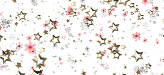 Abstract festive illustration featuring golden stars, snowflakes, and bursts of red on a clean white backdrop, perfect for holiday designs.
