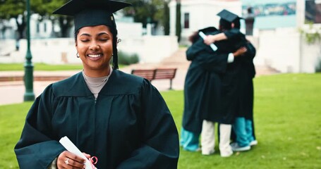 Graduation, face and woman with diploma outdoor for education, degree ceremony or celebration. College qualification, happy students and certificate at campus event for academic success and milestone