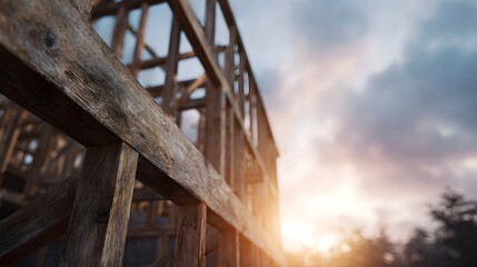 Fototapeta premium Wooden house frame under a warm sunset sky symbolizing development and new beginnings