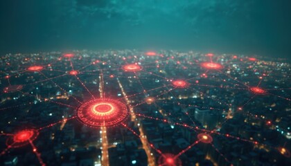 Aerial view of modern city at night with active glowing red network overlay. Digital data points connect across urban landscape displaying communication. Smart tech grid shows global information