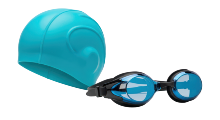 A pair of blue swimming goggles and a blue swimming cap on a white background.