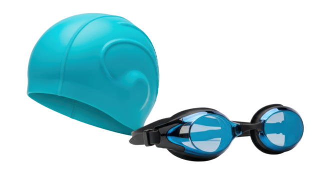 A pair of blue swimming goggles and a blue swimming cap on a white background.
