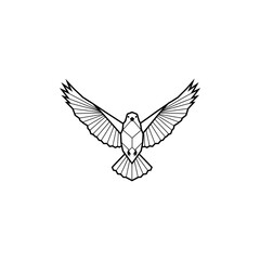 Geometric bird in flight, wings spread, line art on white, simple and clean image
