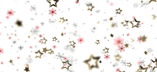 Elegant illustration of falling gold stars, red snowflakes and white snowflakes on a white background, perfect for Christmas, New Year, holiday