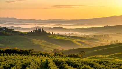 Italian Tuscany Sunrise Vineyard Landscape.