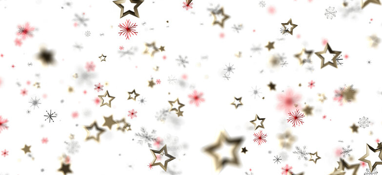Elegant illustration of falling gold stars, red snowflakes and white snowflakes on a white background, perfect for Christmas, New Year, holiday