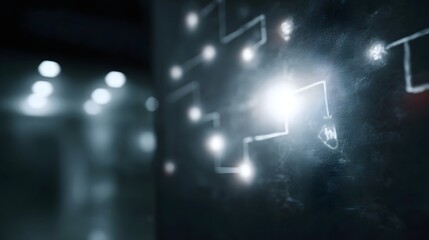 Abstract glowing digital network diagram illustrates interconnected nodes with bright illumination symbolizing data flow and innovation