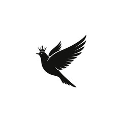 Black silhouette of a flying bird wearing a crown on its head, against a white backdrop