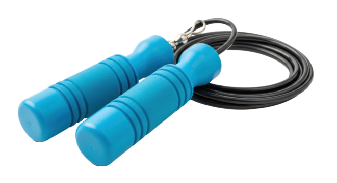 A blue jump rope with a black cord on a white background.