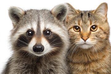 Obraz premium Domestic raccoon and cat in New Year's hats looking at camera, Christmas and New Year concept, isolated on white background.