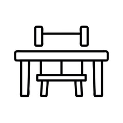 Simple line drawing of a desk with a chair and dumbbell