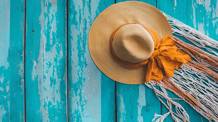 A straw hat with a white band is sitting on a blue wooden table