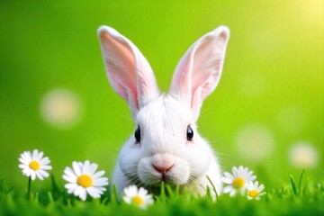 Whimsical Easter Bunny Ears in a Spring Meadow Setting A whimsical, stylized pair of fluffy white bunny ears, subtly decorated with tiny dew drops and delicate spring wildflowers like daisies and