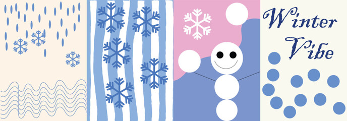 Winter Vibe poster set with snow patterns, snowman illustration, and blue snowflake designs. Minimal winter art collection for seasonal greeting cards, digital banners, and holiday decor templates.