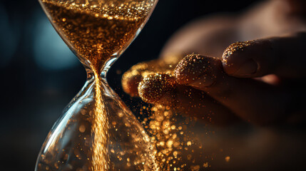 An antique hourglass with sand flowing inside a desert landscape symbolizes the passing of time and a crucial deadline