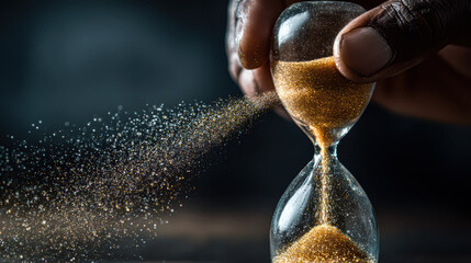 An antique hourglass with sand flowing inside a desert landscape symbolizes the passing of time and a crucial deadline