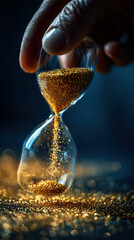 An antique hourglass with sand flowing inside a desert landscape symbolizes the passing of time and a crucial deadline