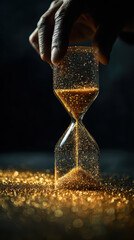 An antique hourglass with sand flowing inside a desert landscape symbolizes the passing of time and a crucial deadline