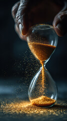 An antique hourglass with sand flowing inside a desert landscape symbolizes the passing of time and a crucial deadline