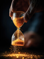 An antique hourglass with sand flowing inside a desert landscape symbolizes the passing of time and a crucial deadline