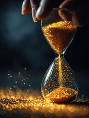 An antique hourglass with sand flowing inside a desert landscape symbolizes the passing of time and a crucial deadline