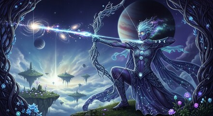 A celestial huntress with a cosmic bow and arrow, amidst floating islands and distant planets, embodying fantasy, magic, and the beauty of the universe