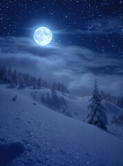 Naklejka premium Winter Wonderland with Full Moon over Snowy Mountains and Forest at Night.