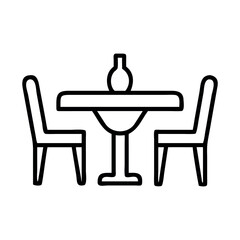 Simple line art icon of a table with two chairs and a bottle