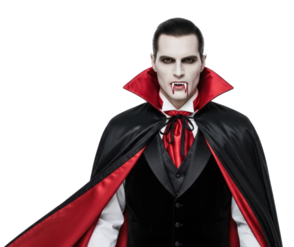 A man dressed as a vampire with black and red cape, white face paint, and fangs.