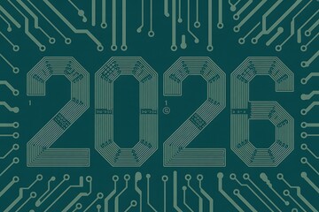 Modern digital circuit board art showcasing the year 2026 in a futuristic, tech-inspired design
