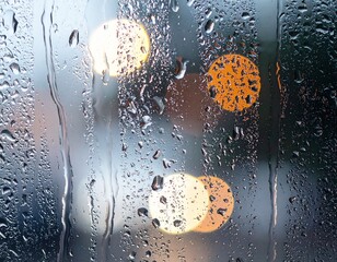 Raindrop Condensation Overlay on Glass Surface with Bokeh Lights