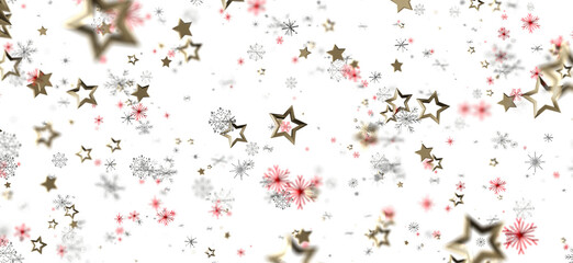 Beautiful Christmas background with golden stars, snowflakes, and red accents floating on a white background. Perfect for winter holidays, celeb