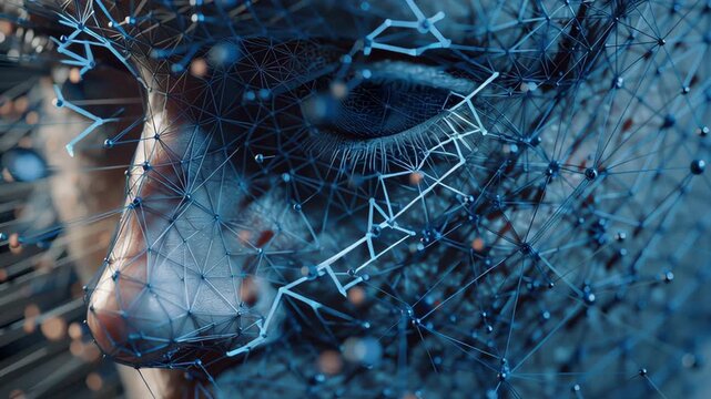 Close-Up Capture of an AI Digital Human Face Composed Entirely from Networked Data Points and Blue Lines