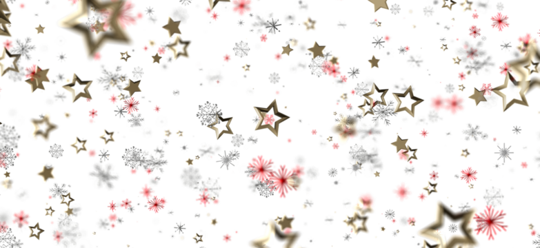 Beautiful Christmas background with golden stars, snowflakes, and red accents floating on a white background. Perfect for winter holidays, celeb