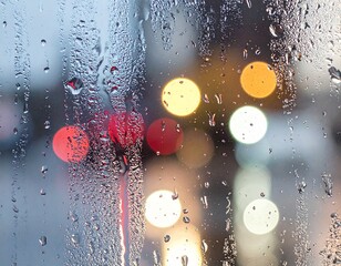 Raindrop Condensation Overlay on Glass Surface with Bokeh Lights