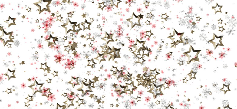 Beautiful abstract background featuring a pattern of golden stars, snowflakes, and red accents floating against a clean white backdrop. Perfect