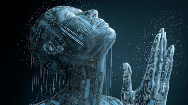 Digital Illustration of an AI Humanoid with Hands Clasped in Contemplation Against a Dark Background
