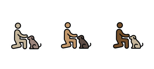 Set of three vector icons illustrating the bond between a man and his dog in various poses, such as sitting together or training. Represents pet ownership, companionship, obedience, and care. Editable