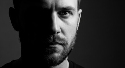Fototapeta premium Dramatic Black and White Close-Up Portrait of a Man with Intense Gaze and Partial Shadow